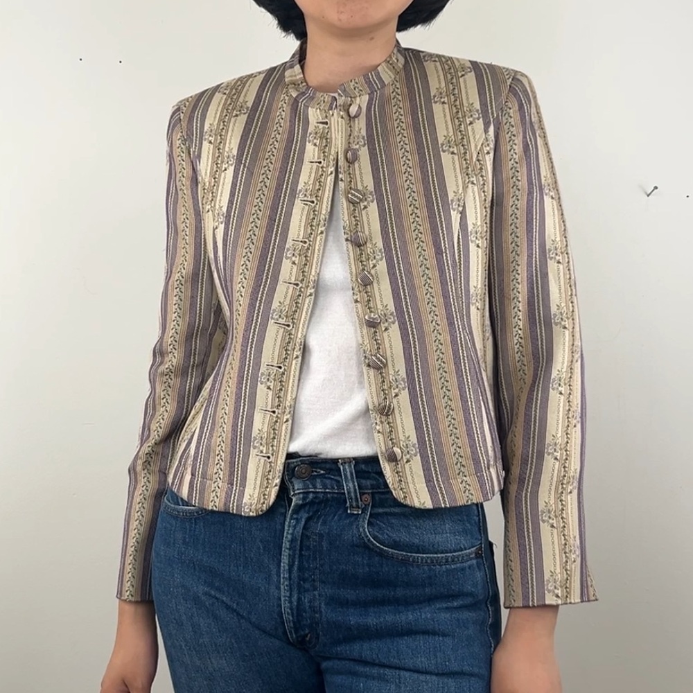 Vintage Rena Rowan Beige and Lavender Cropped Striped Silk Blazer